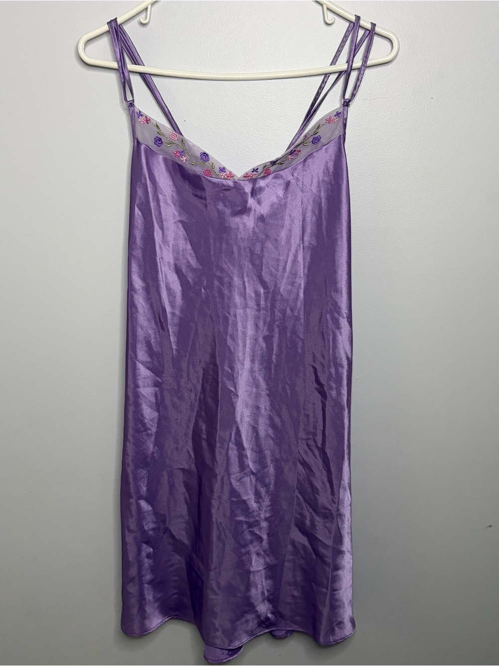 Y2K Purple Fairycore Satin Slip Dress with Sheer Floral Trim